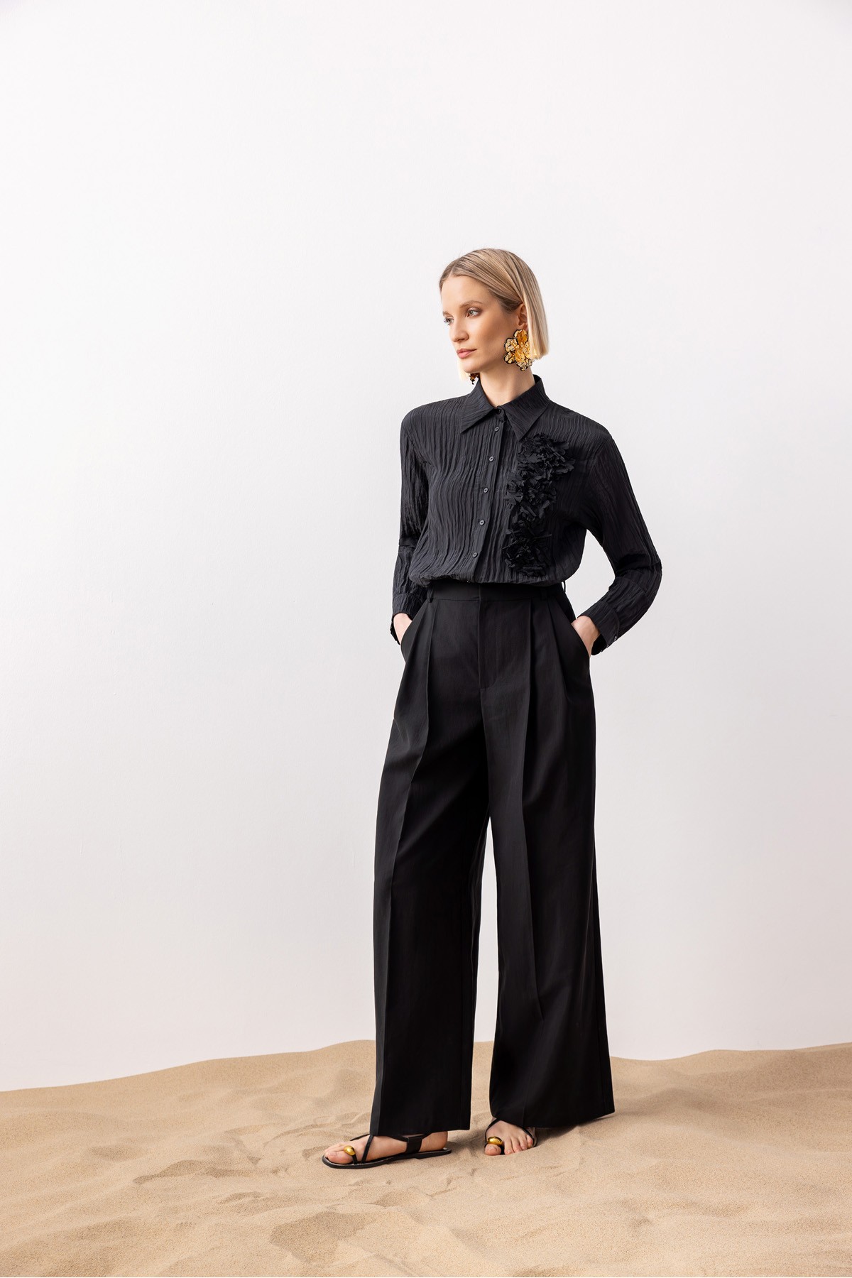 Pileli Geniş Paça Pantolon Siyah