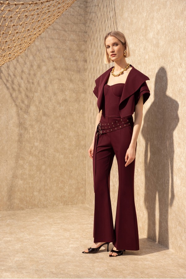 Kemer Detaylı Flare Pantolon Bordo