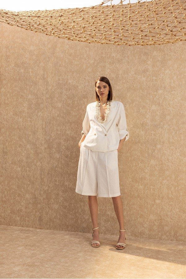 Pileli Uzun Linen Şort Ekru