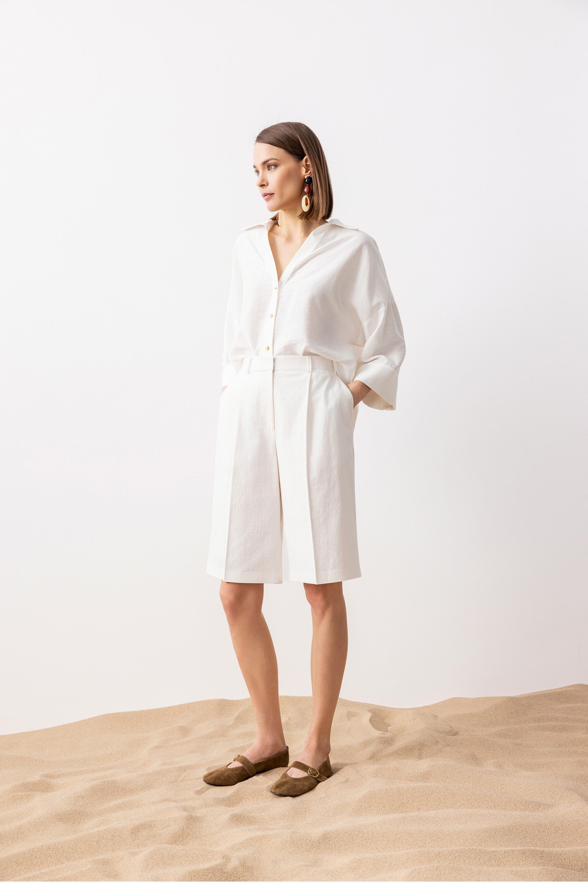 Pileli Uzun Linen Şort Ekru