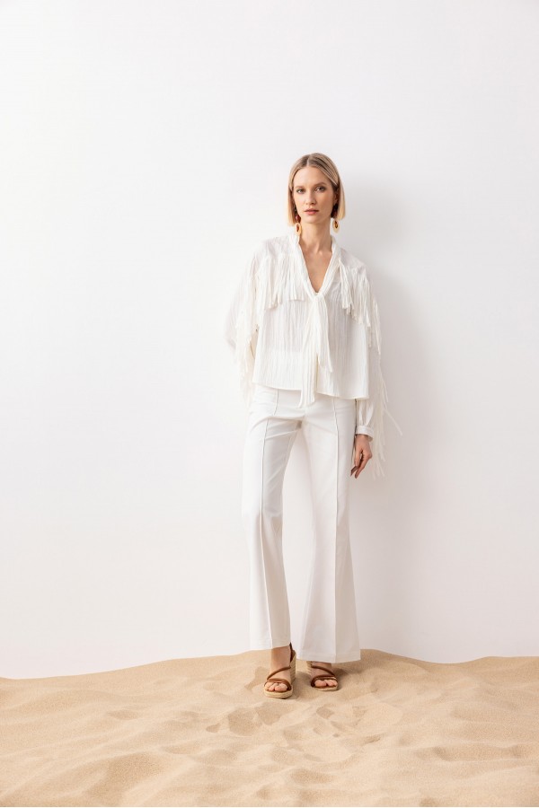 Dikiş Detaylı Flare Pantolon Ekru