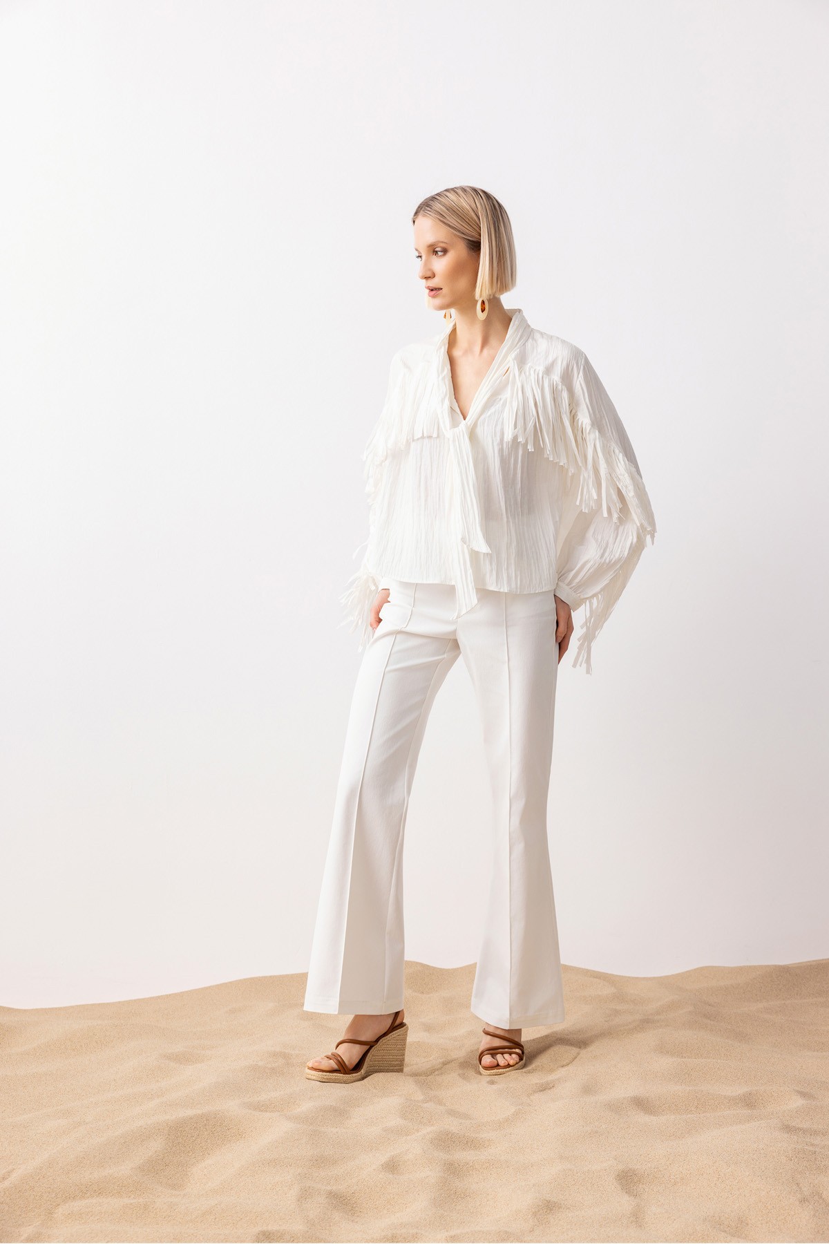 Dikiş Detaylı Flare Pantolon Ekru