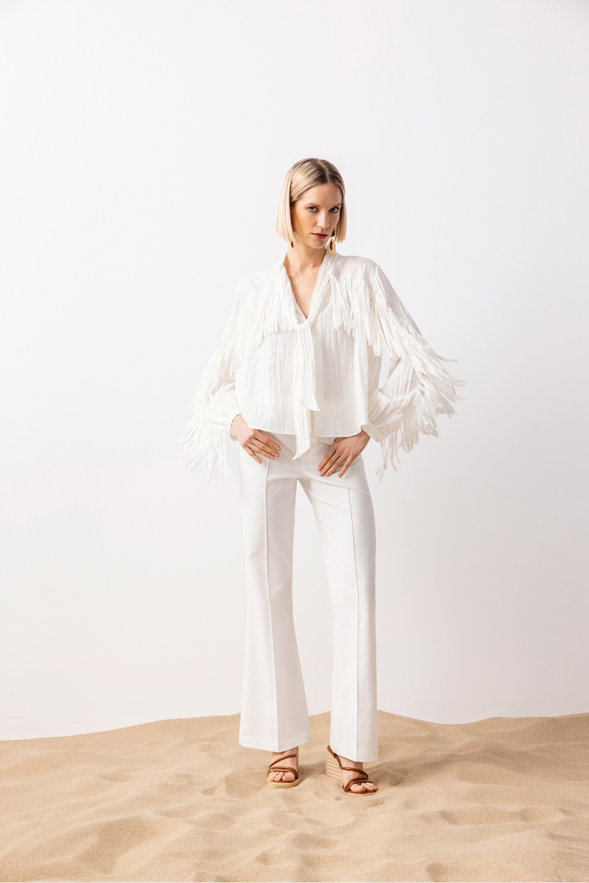 Dikiş Detaylı Flare Pantolon Ekru