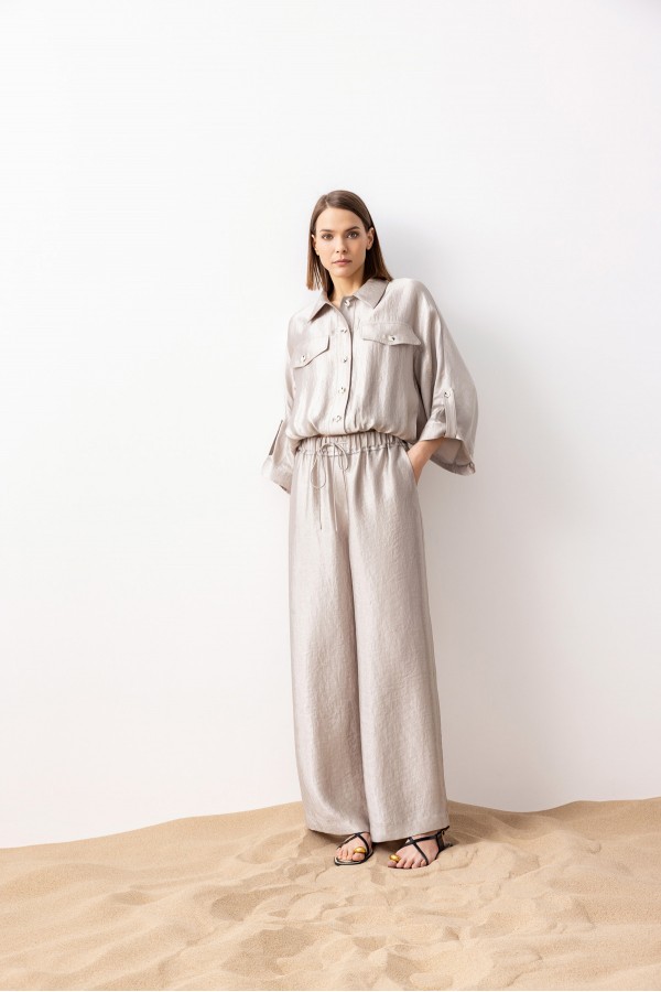 Bağcıklı Metalik Pantolon Gümüş