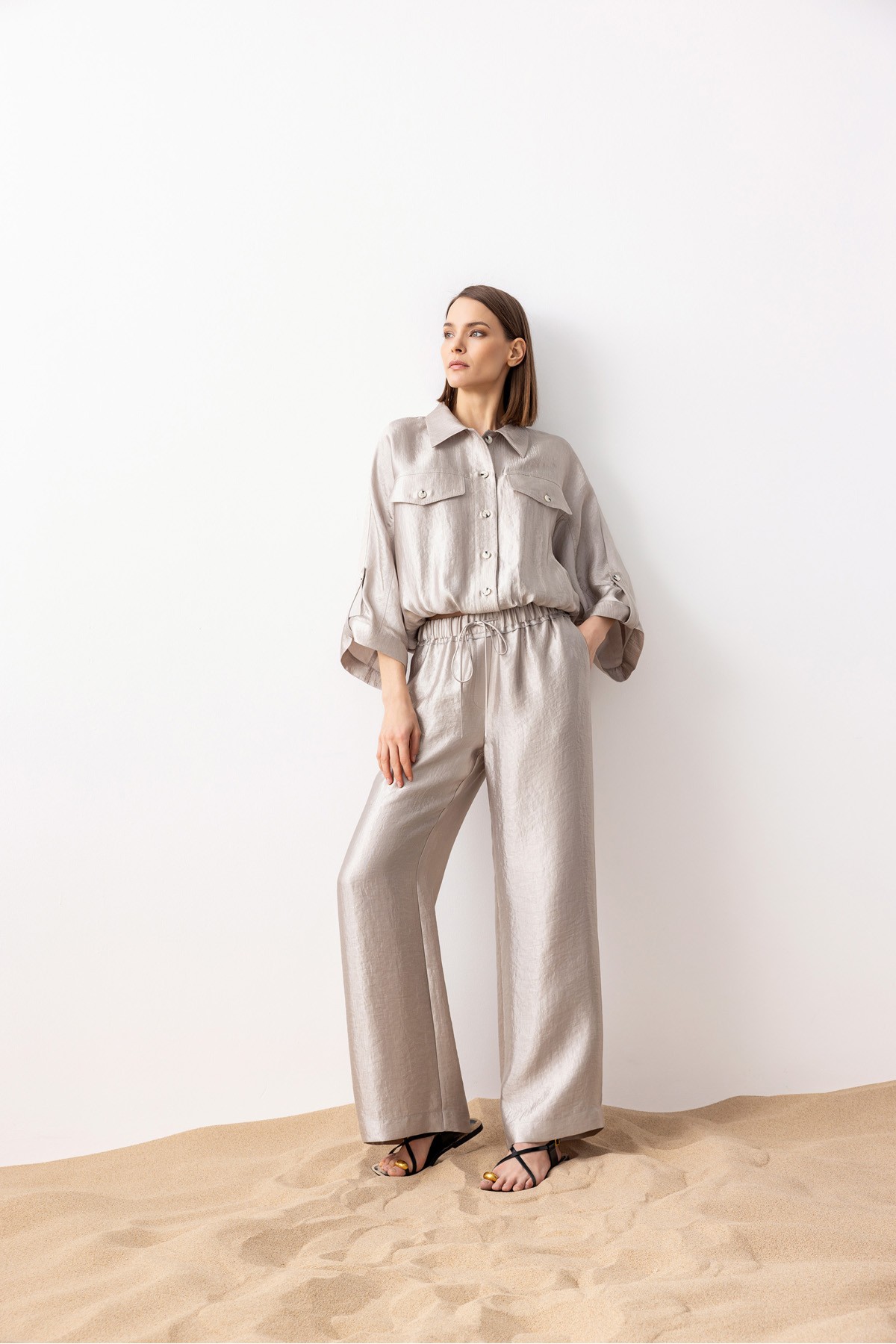 Bağcıklı Metalik Pantolon Gümüş