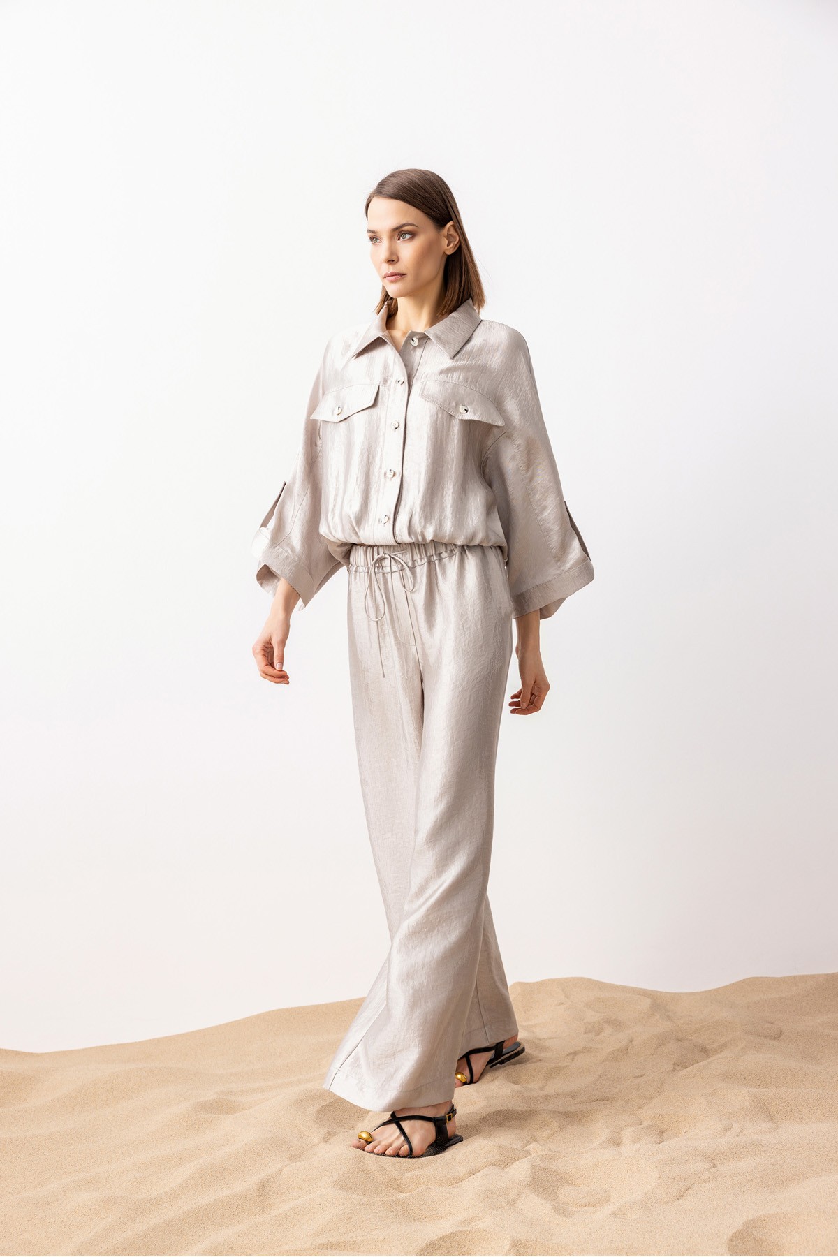 Bağcıklı Metalik Pantolon Gümüş