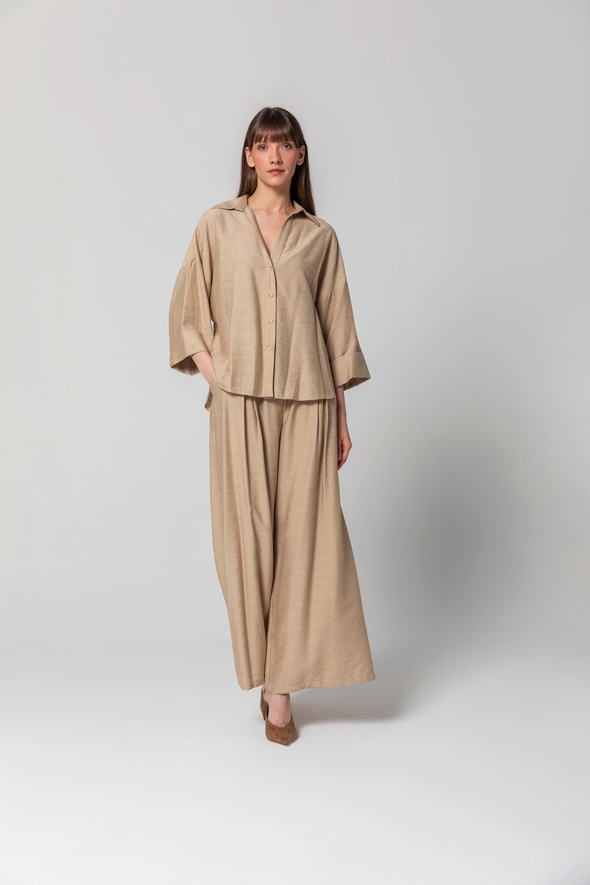 Geniş Paça Linen Pantolon Bej