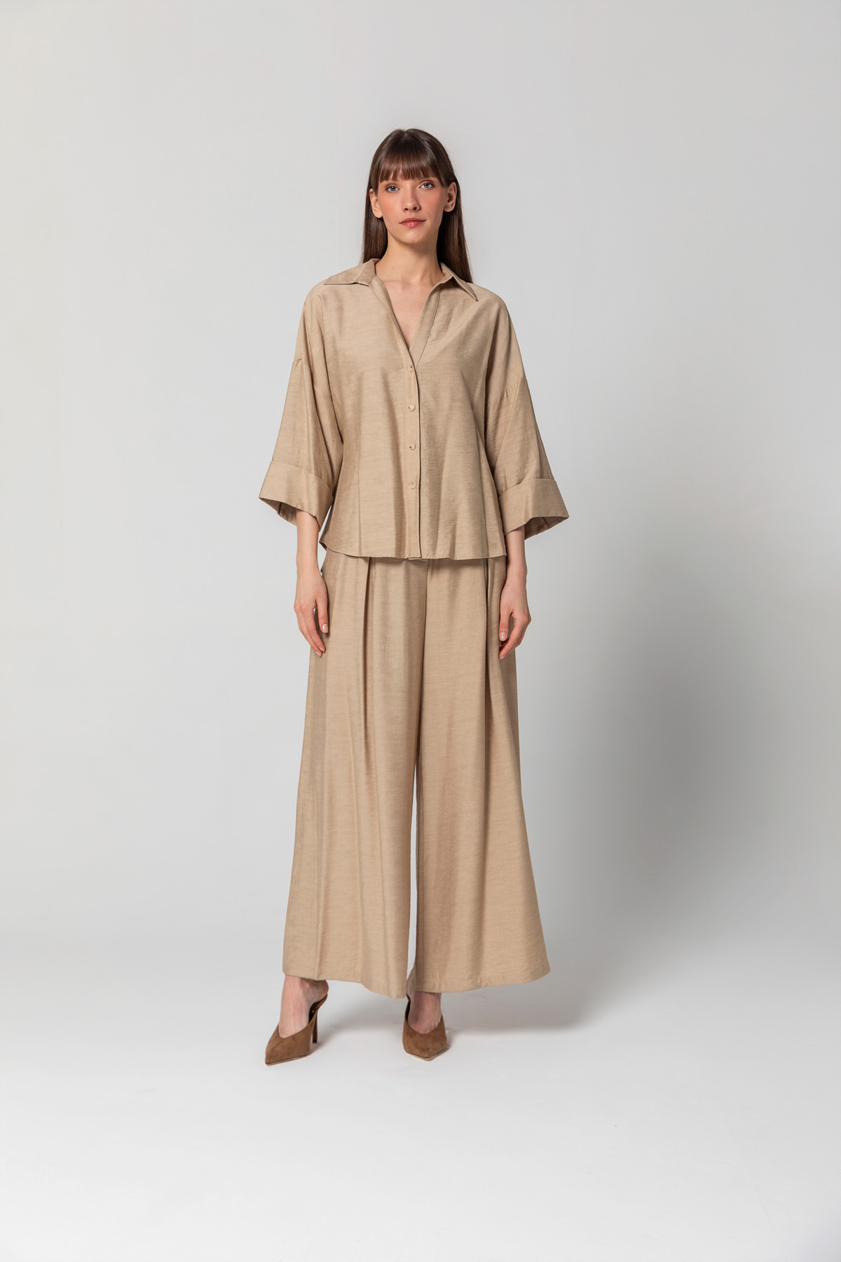 Geniş Paça Linen Pantolon Bej