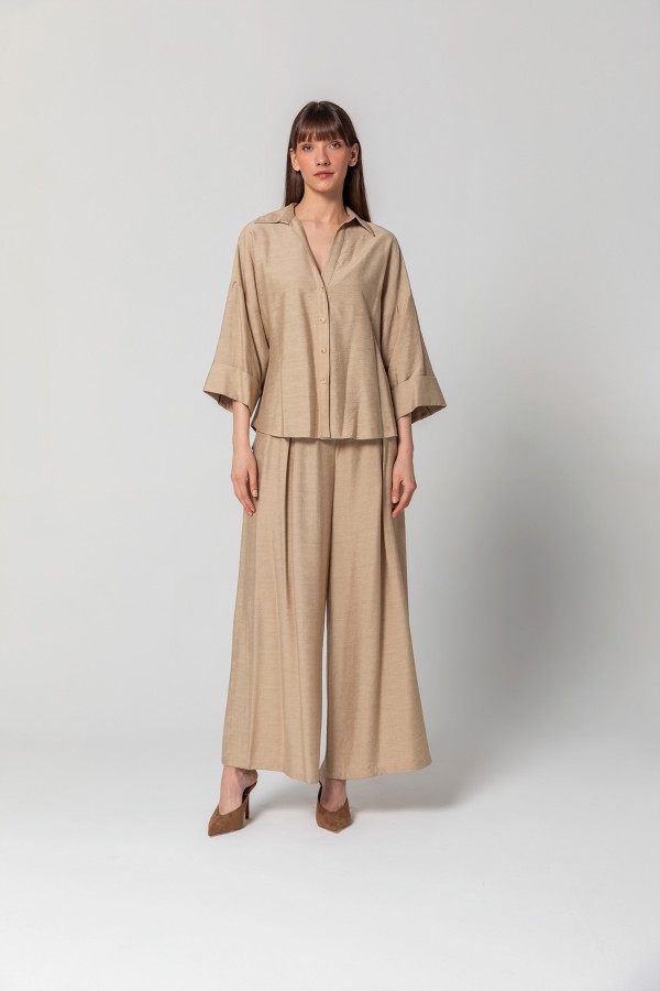 Geniş Paça Linen Pantolon Bej