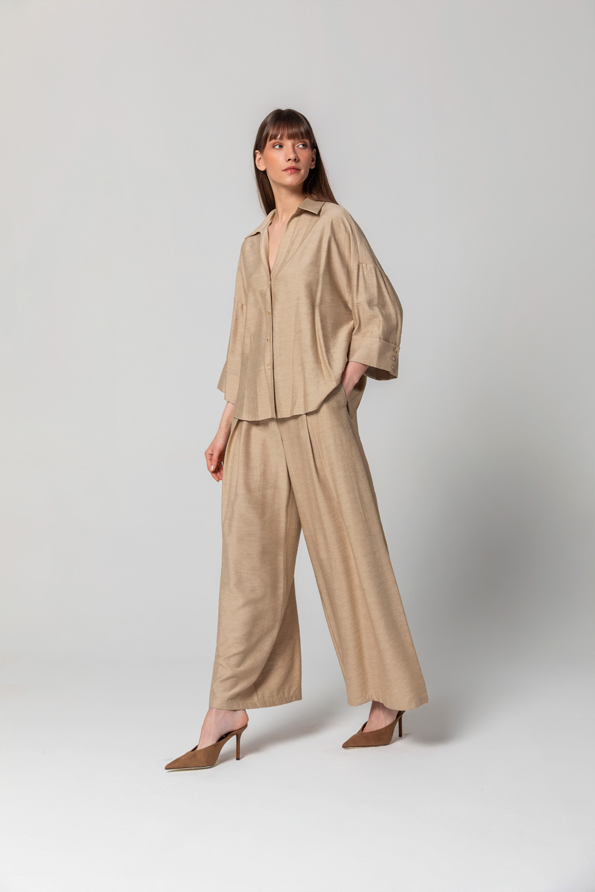 Geniş Paça Linen Pantolon Bej