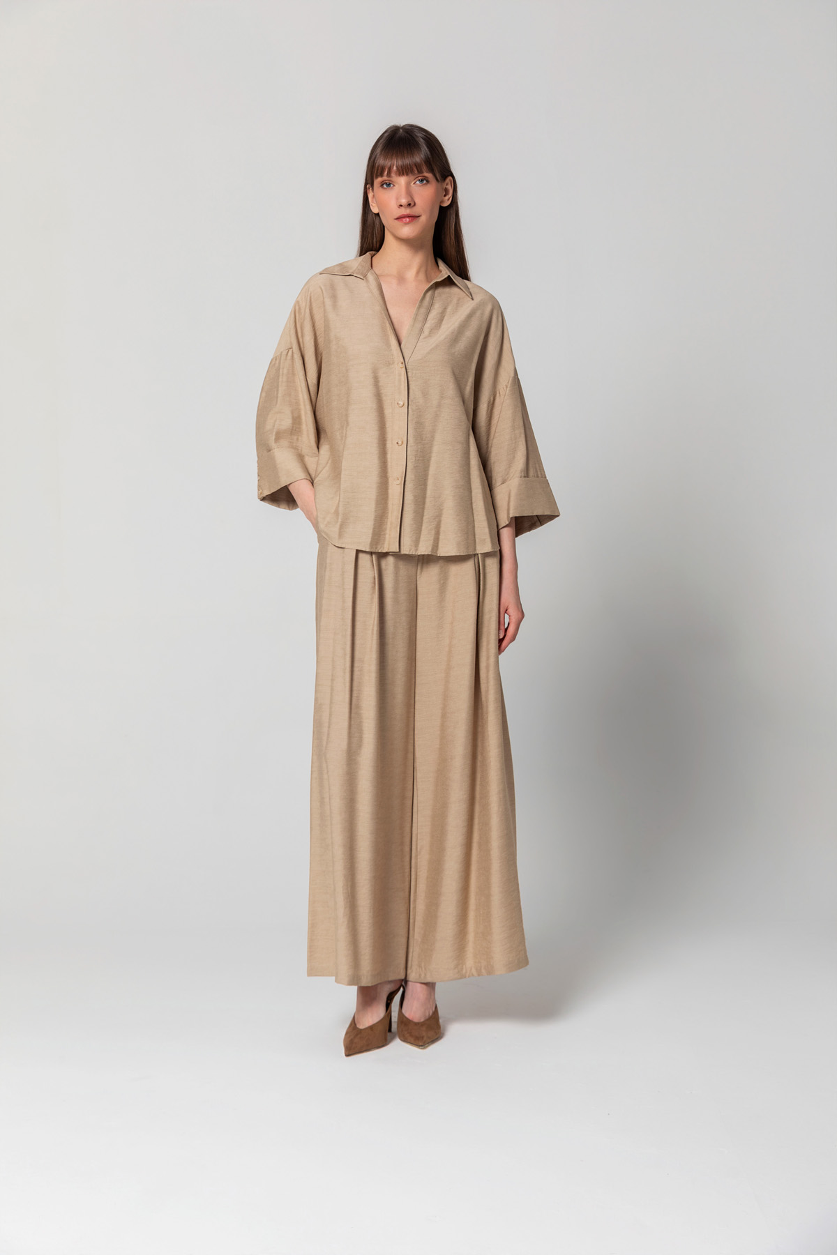 Geniş Paça Linen Pantolon Bej