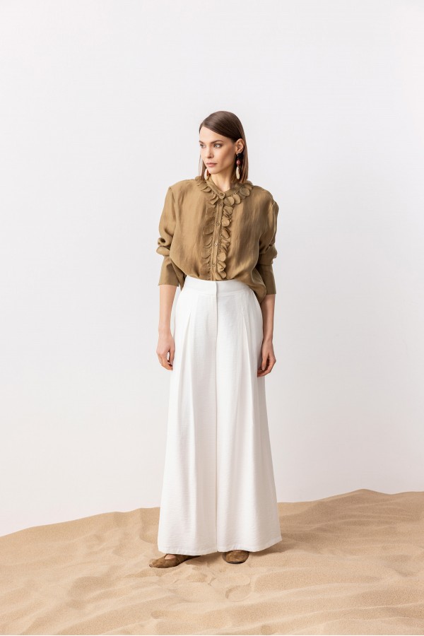 Geniş Paça Linen Pantolon Ekru