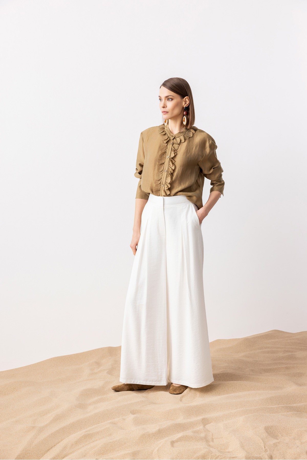 Geniş Paça Linen Pantolon Ekru