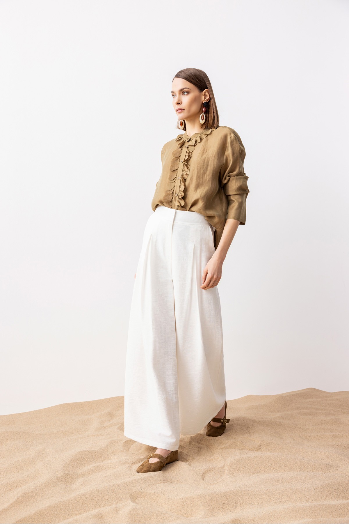 Geniş Paça Linen Pantolon Ekru