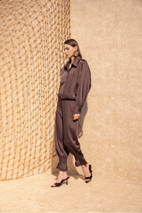 Paçası Kemerli Saten Pantolon Kahve Paçası Kemerli Saten Pantolon Kahve