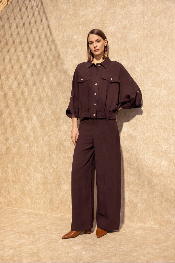 Geniş Paça Linen Pantolon Mürdüm