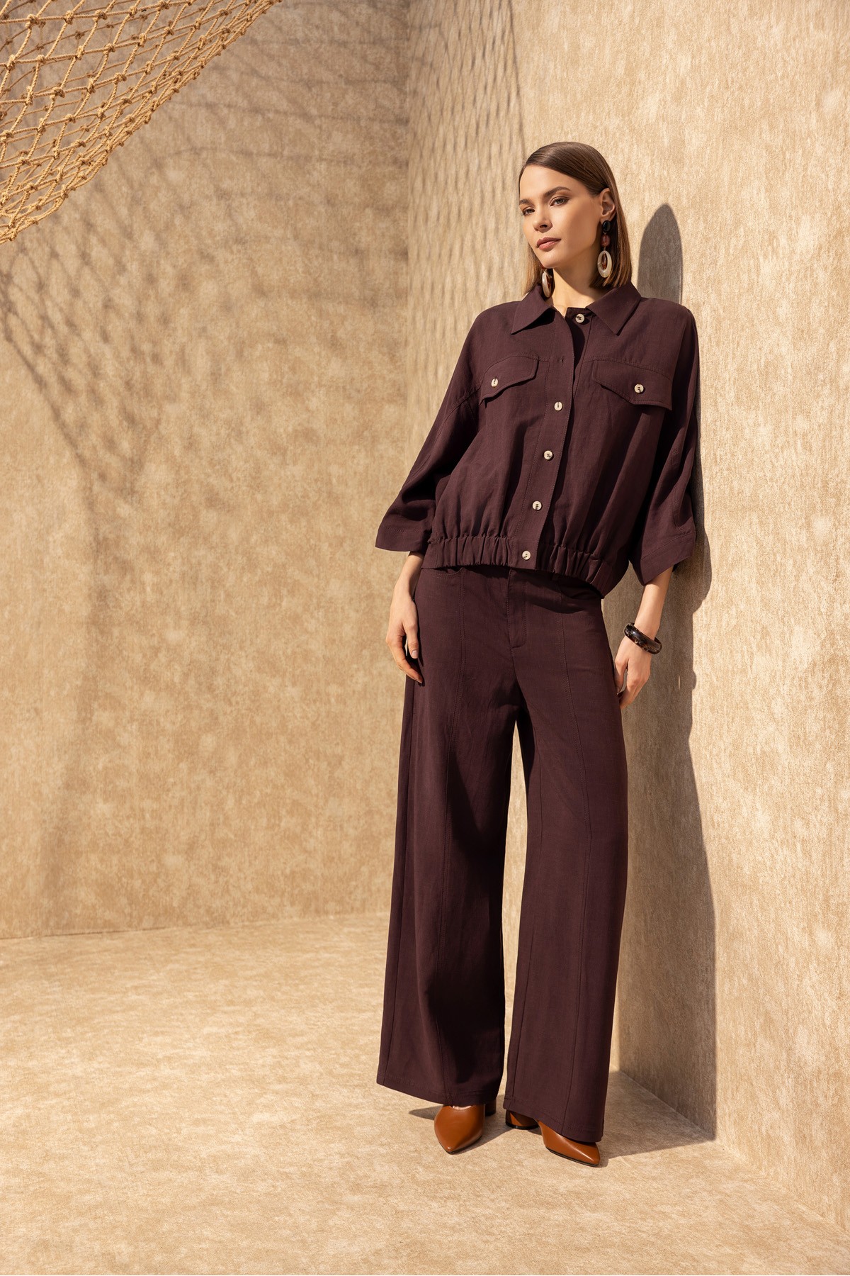 Geniş Paça Linen Pantolon Mürdüm