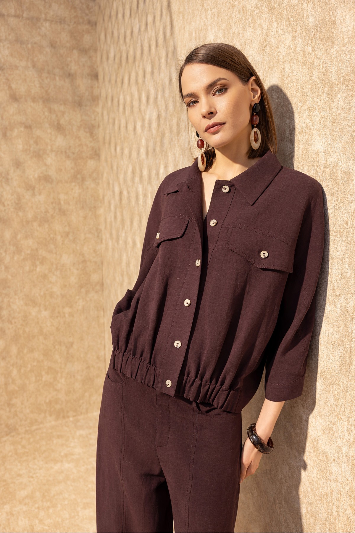 Geniş Paça Linen Pantolon Mürdüm