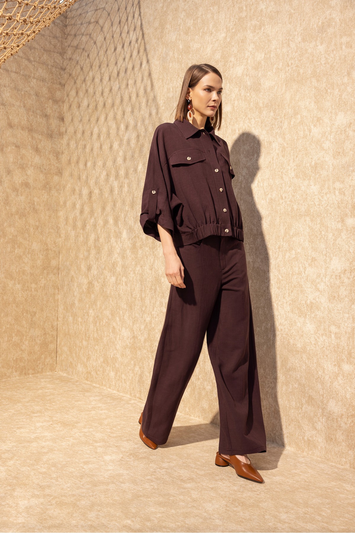 Geniş Paça Linen Pantolon Mürdüm