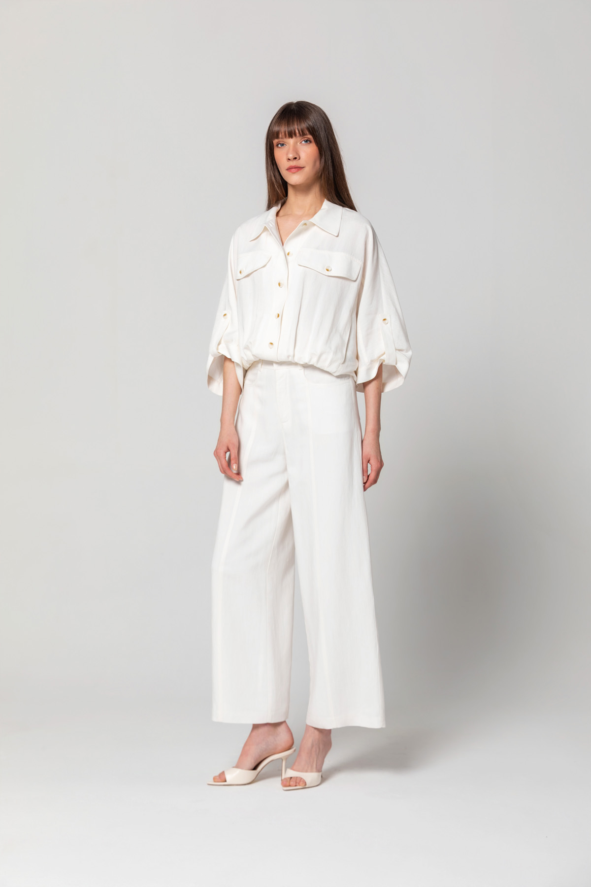Geniş Paça Linen Pantolon Ekru