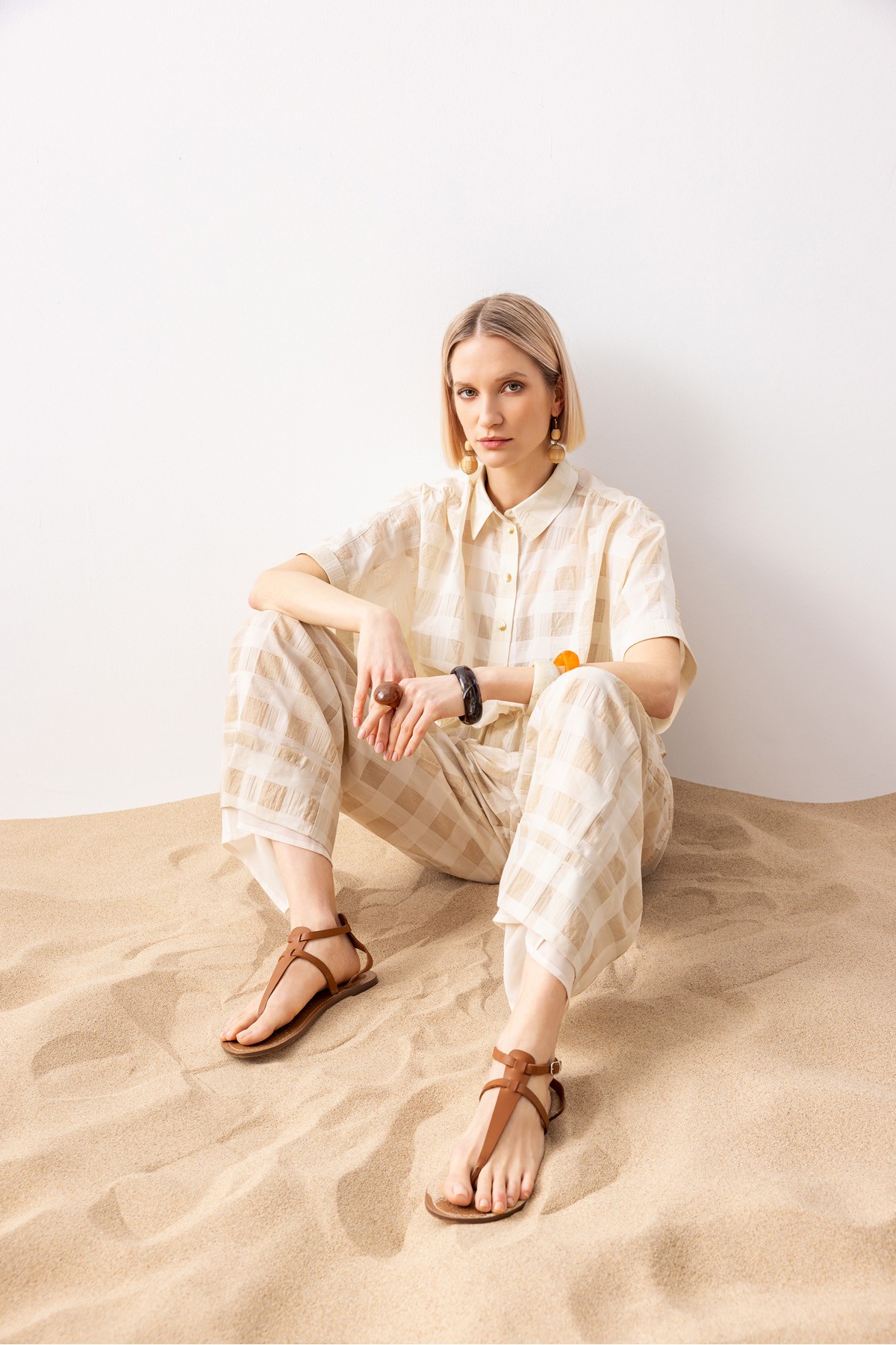 Pileli Kısa Pantolon Bej