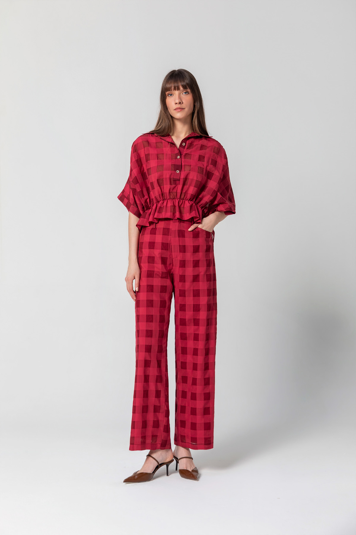 Beli Lastikli Düz Paça Pantolon Bordo Beli Lastikli Düz Paça Pantolon Bordo