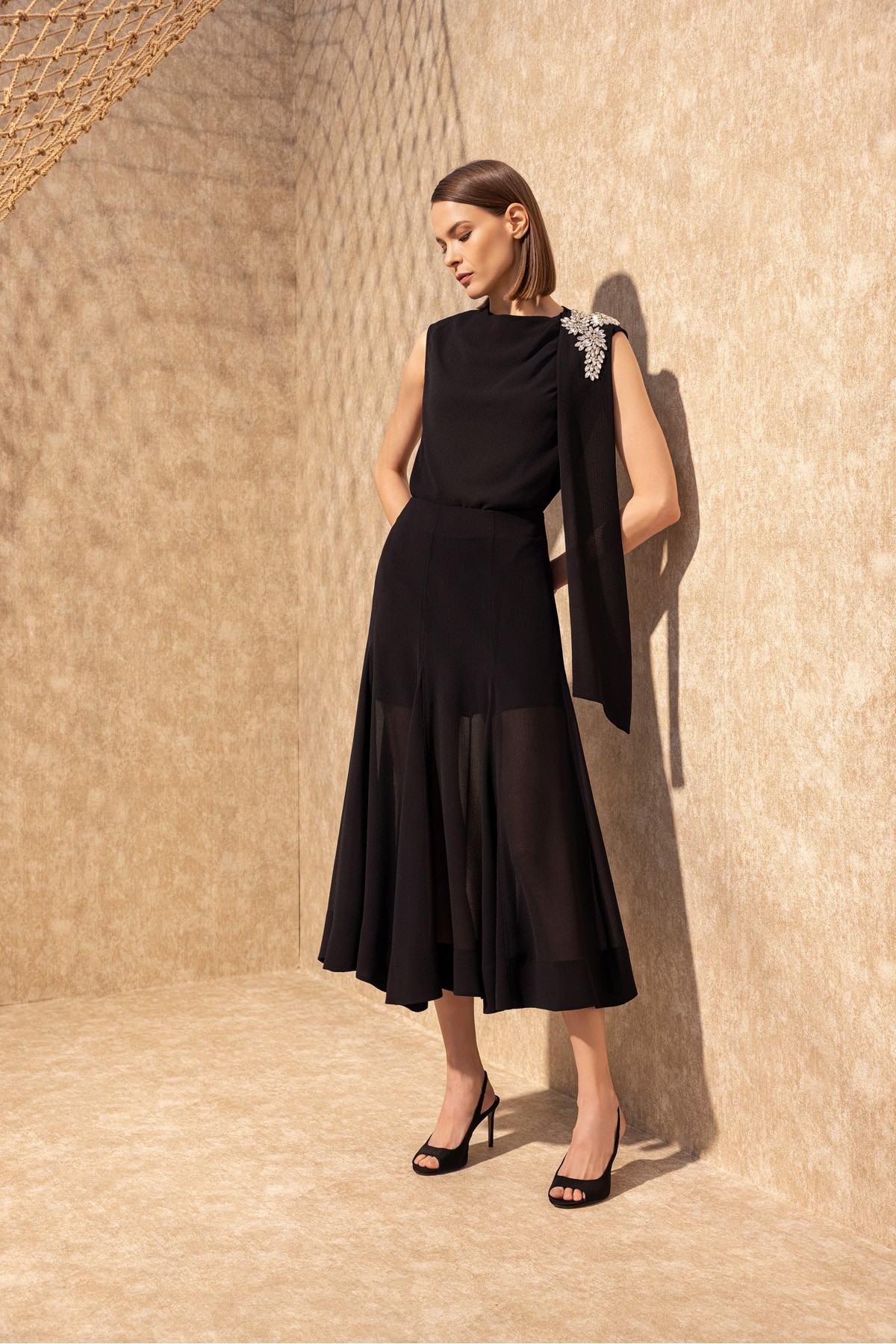 Dokulu Midi Etek Siyah