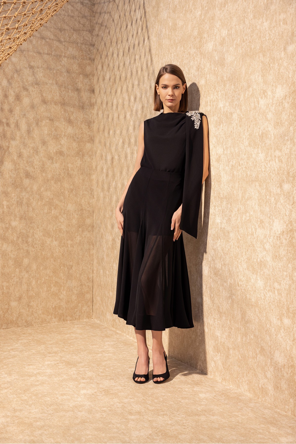 Dokulu Midi Etek Siyah