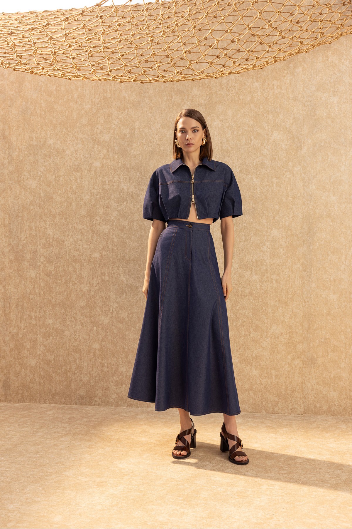 Dikiş Detaylı Midi Etek Deni̇m