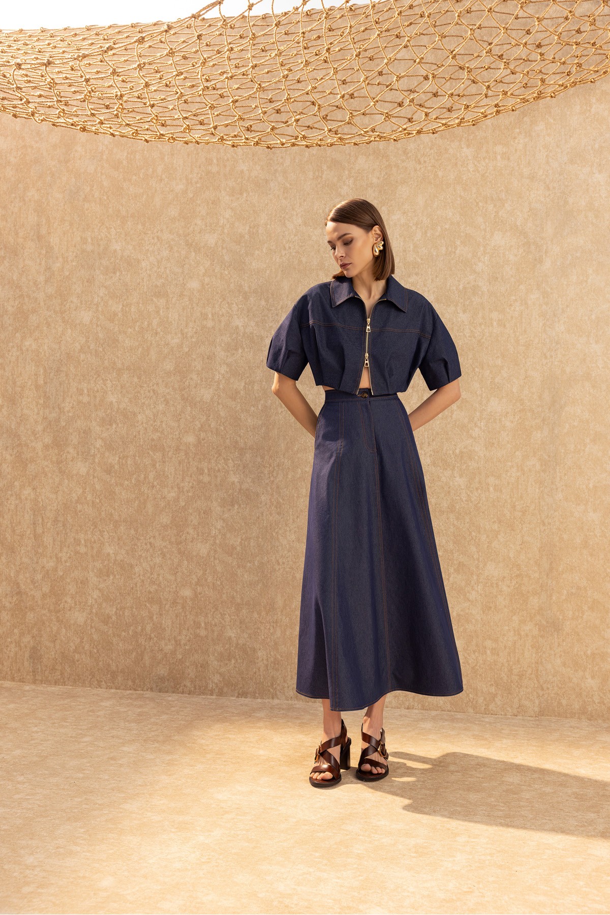 Dikiş Detaylı Midi Etek Deni̇m