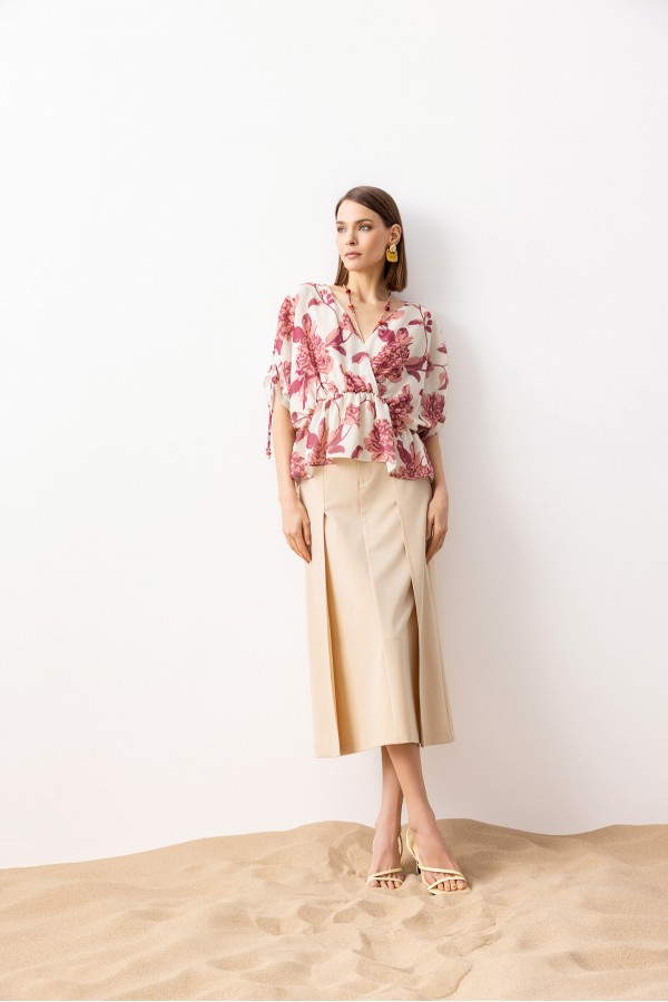 Çift Yırtmaçlı Midi Etek Bej