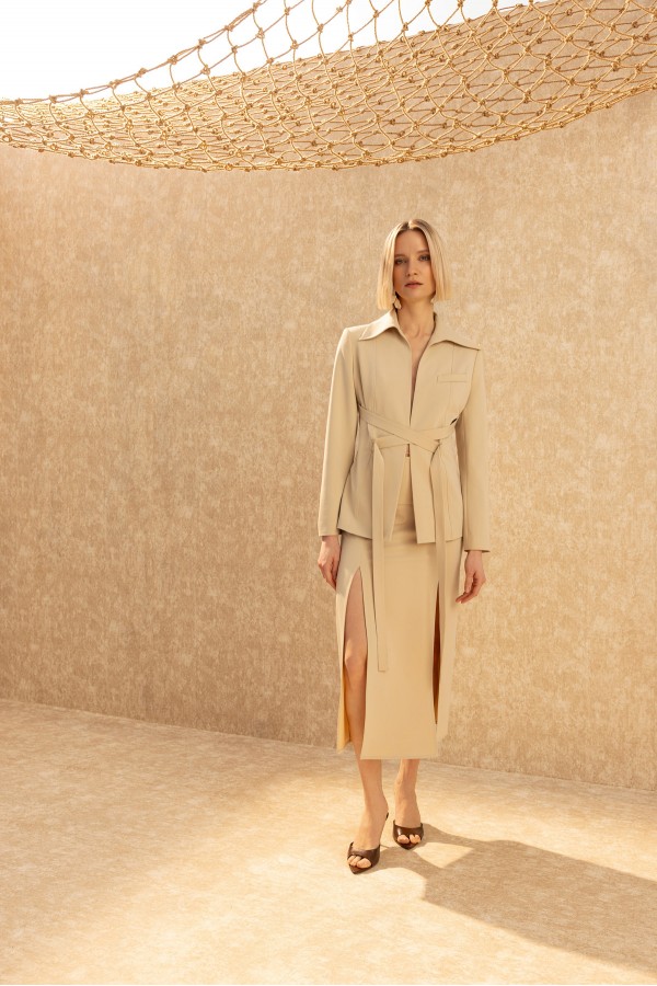 Çift Yırtmaçlı Kalem Etek Bej