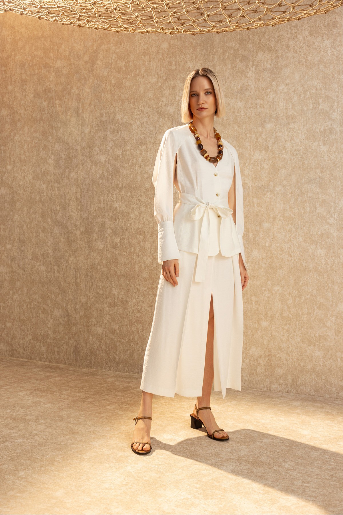 Pileli Midi Etek Ekru