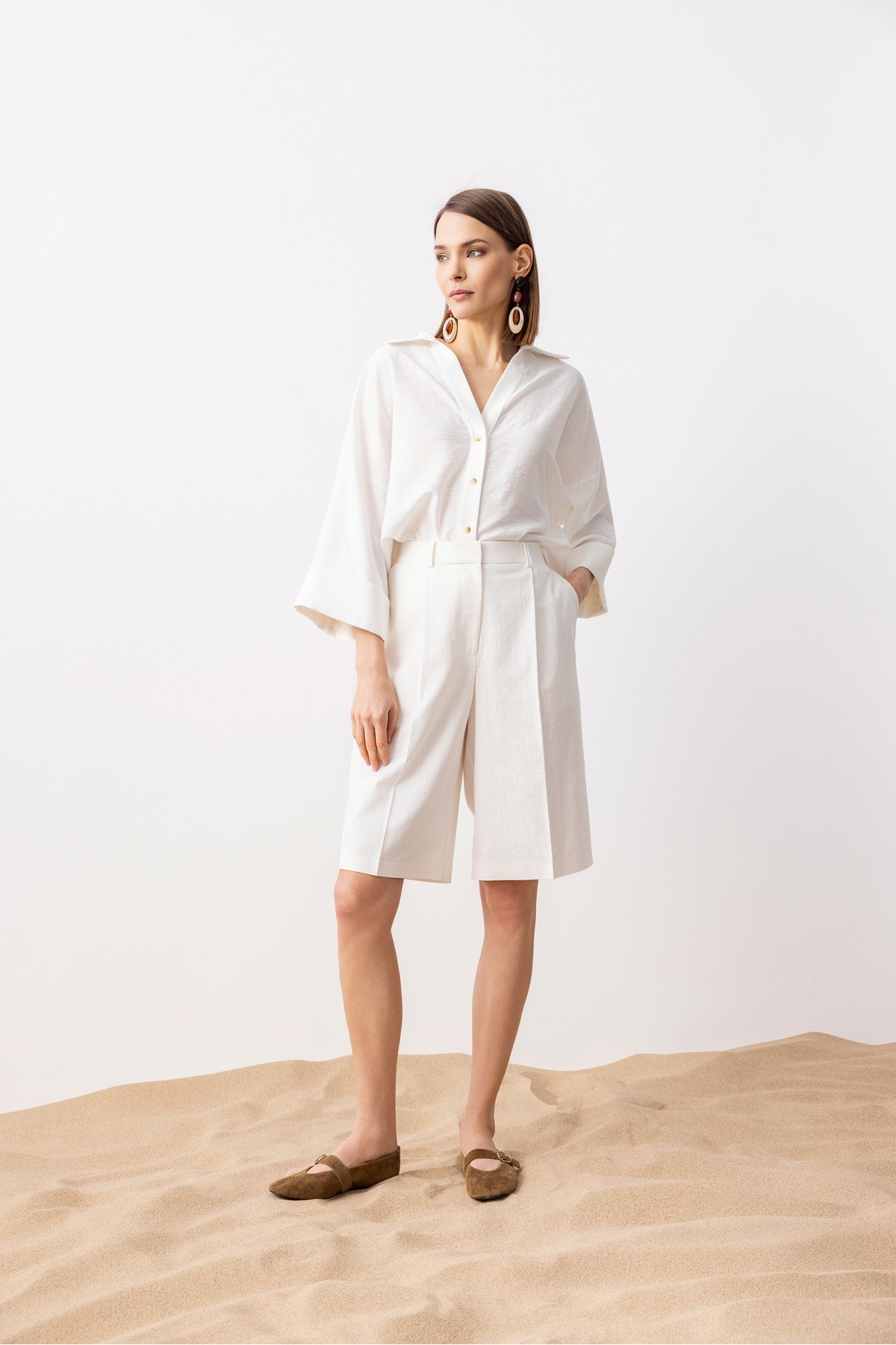 Kısa Kol Linen Gömlek Ekru