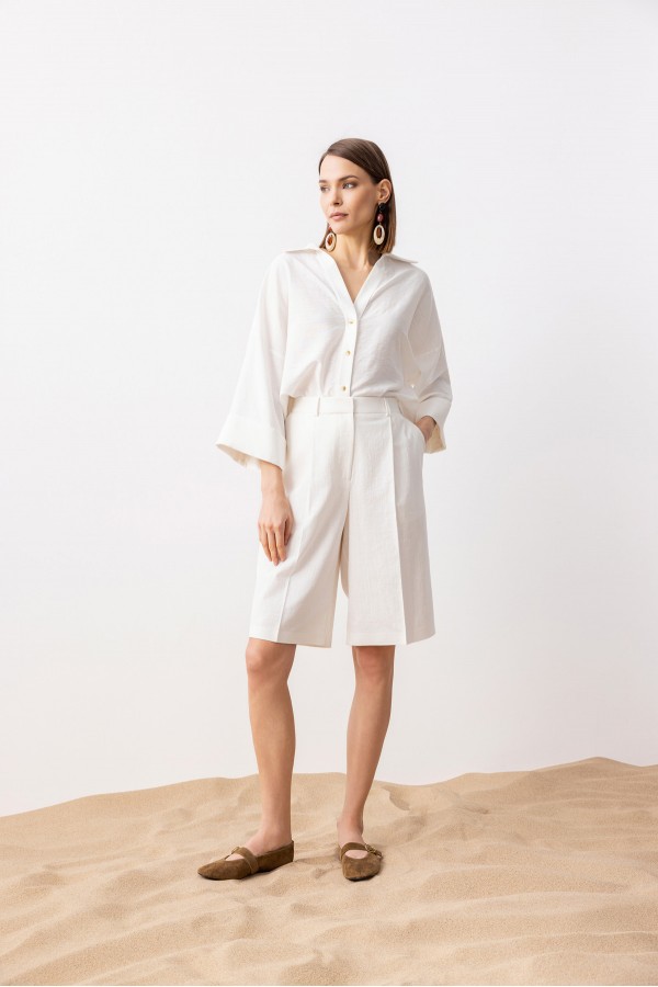 Kısa Kol Linen Gömlek Ekru