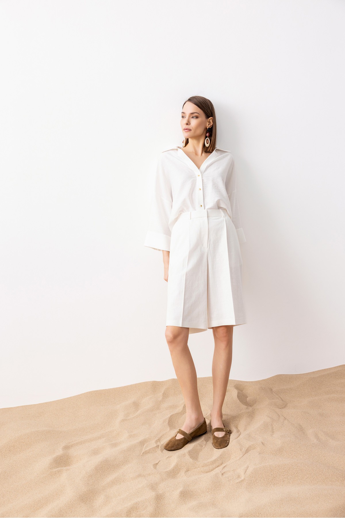 Kısa Kol Linen Gömlek Ekru