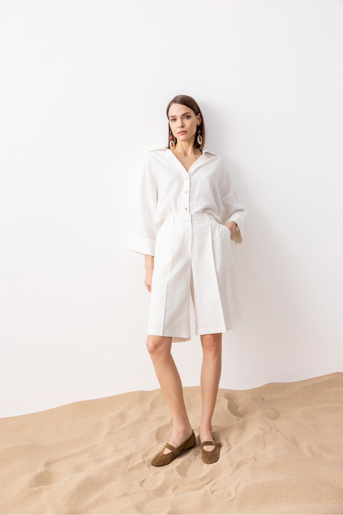 Kısa Kol Linen Gömlek Ekru