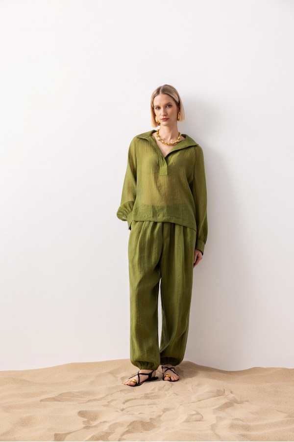 Uzun Kol Linen Gömlek Haki̇