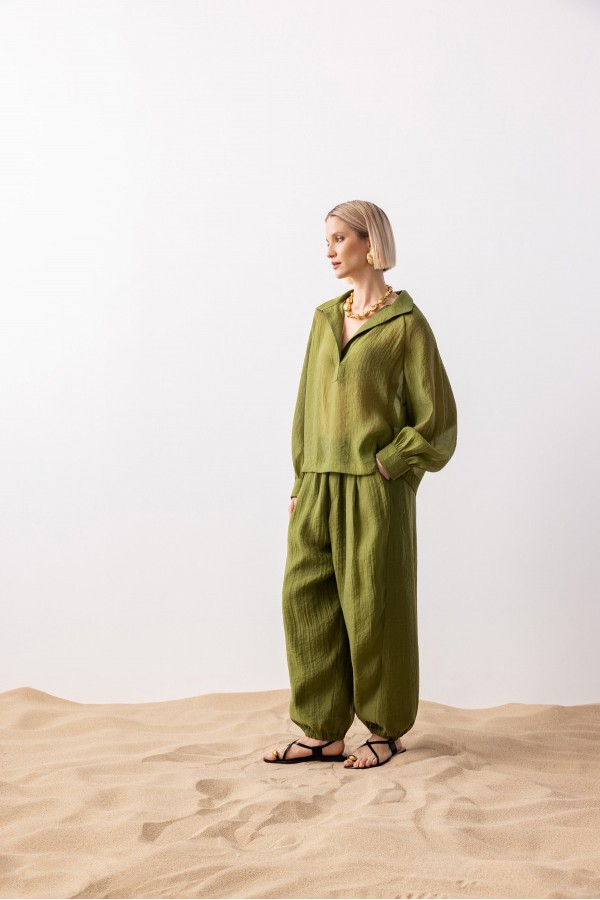 Uzun Kol Linen Gömlek Haki̇ Uzun Kol Linen Gömlek Haki̇