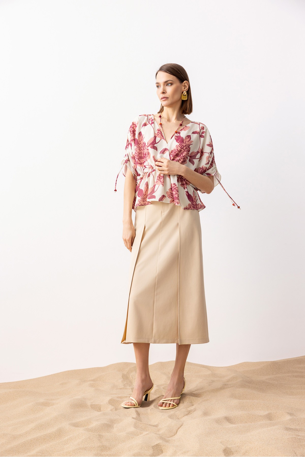 Beli Lastikli Desenli Bluz Pembe