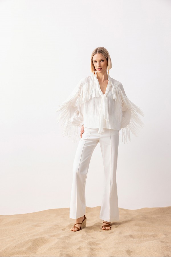 Püsküllü Saten Bluz Ekru