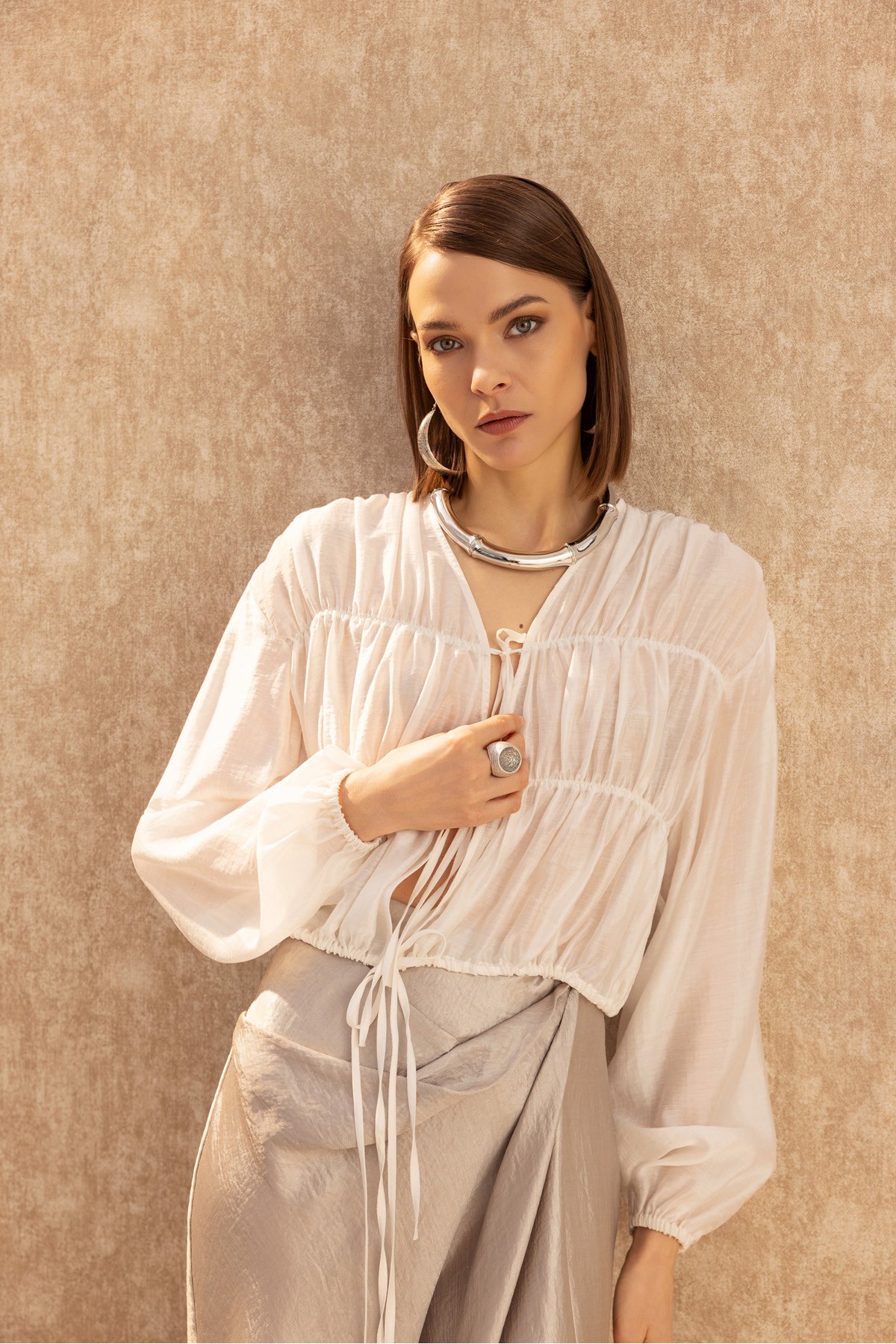 Uzun Kol Bağlamalı Blıuz Ekru