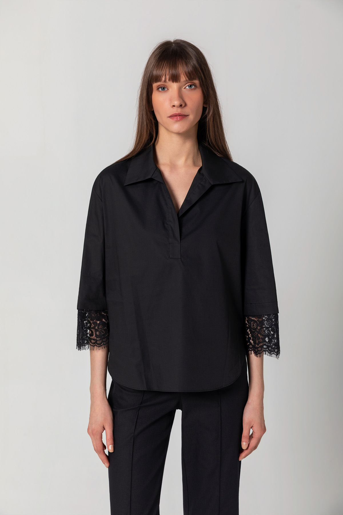 Dantelli Poplin Gömlek Siyah