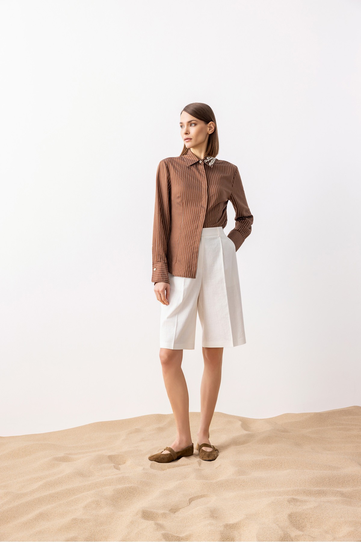 Çizgili Poplin Gömlek Kahve