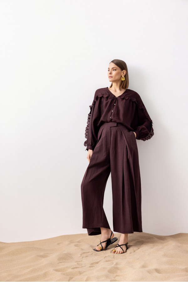 İşlemeli Linen Bluz Mürdüm