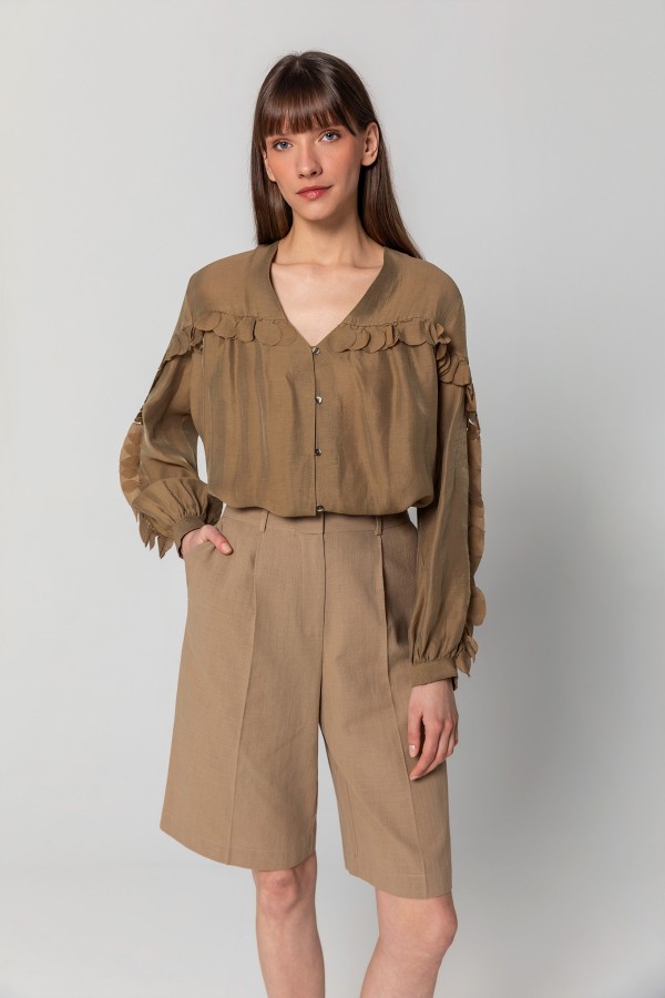 İşlemeli Linen Bluz Haki̇