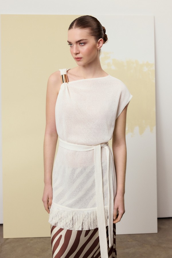 Asimetrik Triko Bluz Ekru