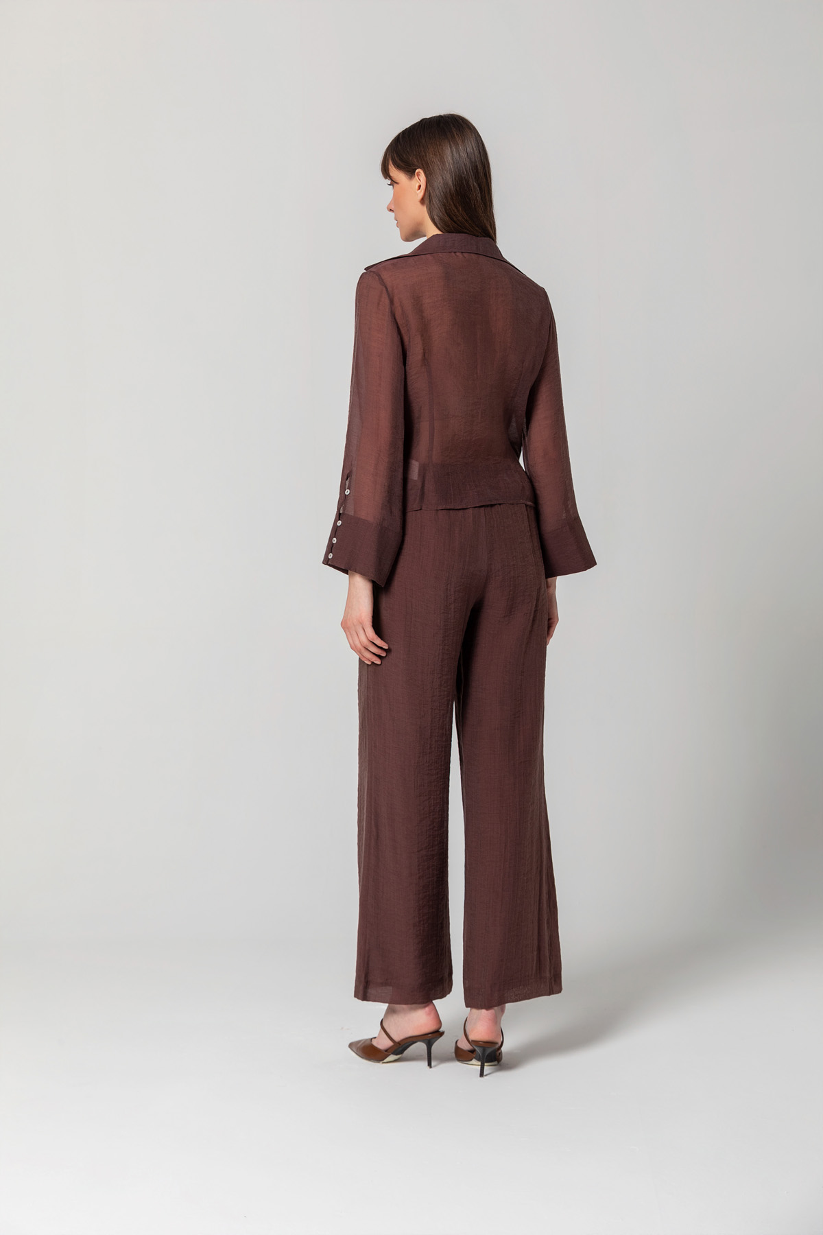 Önü Düğümlü Linen Gömlek Kahve