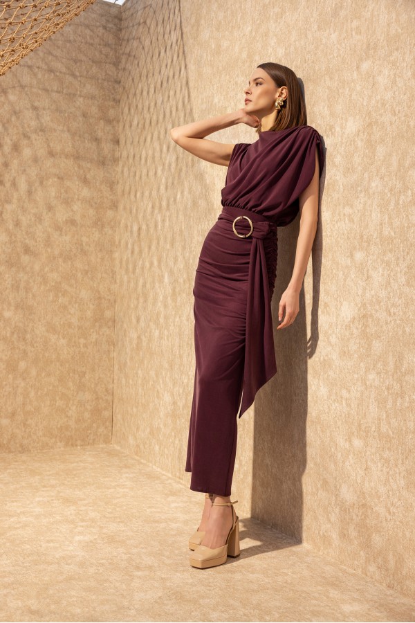 Metal Tokalı Örme Elbise Bordo