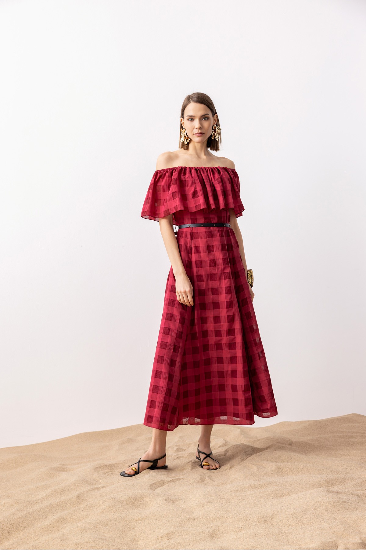 Ekose Uzun Elbise Bordo